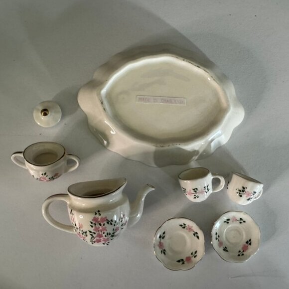 Vtg Miniature 8 Piece Porcelain Tea Set -White with Pink Floral Design VG Cond. - Picture 5 of 7
